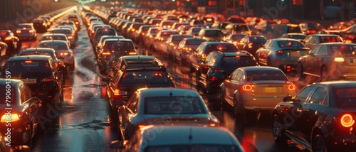 Twilight traffic jam on a wet urban road with rows of cars. photo