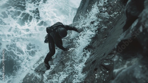 A climber in black gear ascends a steep rock face against churning sea waters.