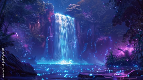 Enchanting minimalist-style rainforest waterfall illuminated by magical lights