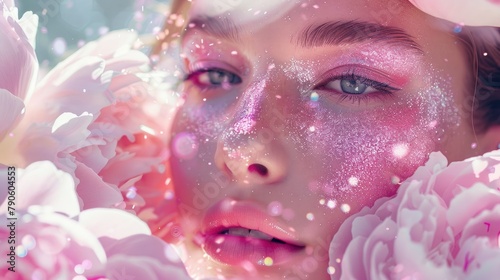 A stunning woman with pastel colored peony blooms and pink glitter on her face