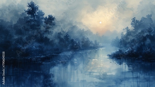 Serene river delta at sunrise in atmospheric blue tones, peaceful and tranquil landscape