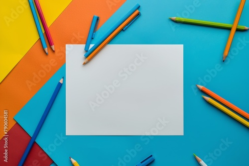 A blank paper and colorful pencils on a vibrant background, ready for creativity and ideas to come to life