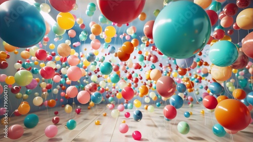 Colorful balloons fill a room, creating a joyful atmosphere.
