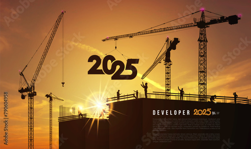 Crane lifting 2025, concept 2025. Black of staff works as a team to prepare to welcome the New Year 2025. Selective Focus, Toned vector. New year silhouette. Business vector in the New Year. Developer