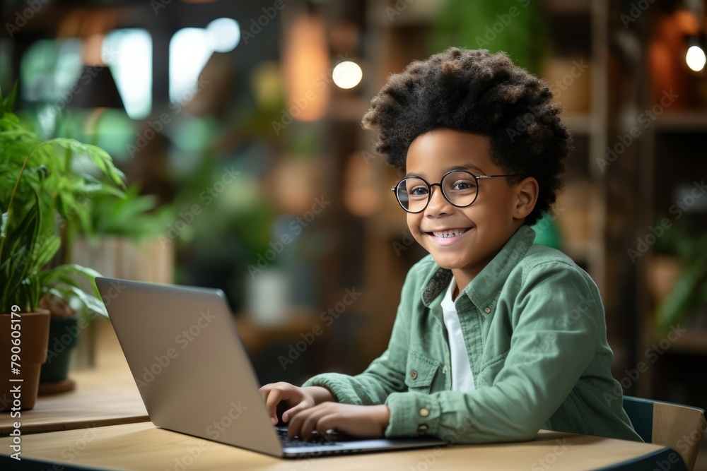 Smiling African American child enjoying distance education with a laptop Smiling African American child enjoying distance education with a laptop