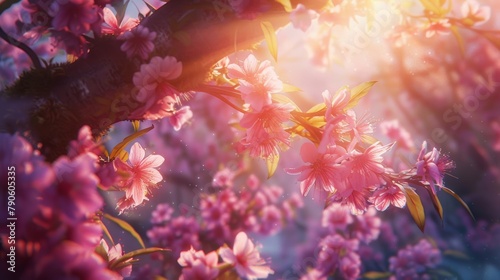 Blossoming cherry branches, vivid pink petals, radiant sunlight, magical bokeh effect, springtime awakening