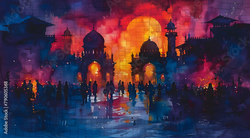 Calligraphy Chronicles: Dynamic Watercolor Narrative of a Bustling Bazaar photo
