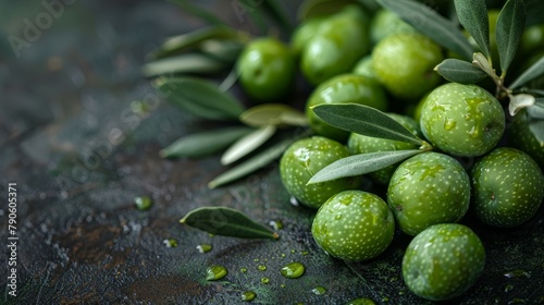  A table holds a pile of green olives and a separate bunch of them