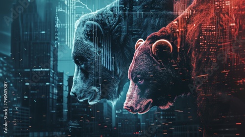 Abstract illustration of bull and bear on the background with diagrams. Stock market concept.