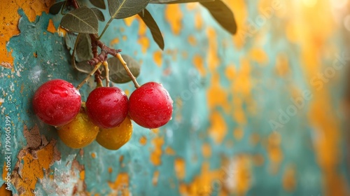  Three cherries dangle from a branch against a backdrop of a blue and yellow wall, showing signs of peeling paint A green, leafy branch frames the scene photo