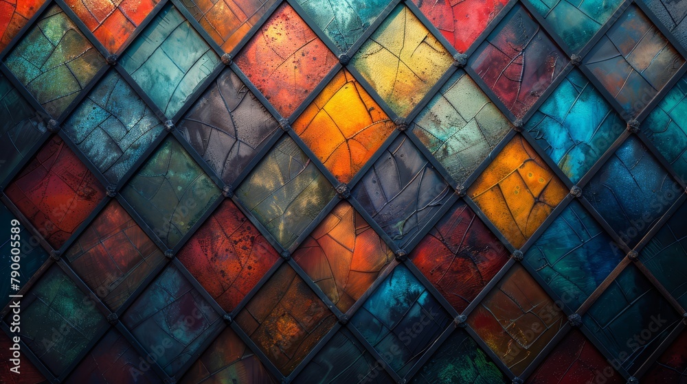 A tight shot of a multicolored wall, featuring a central pattern of intermingled squares and rectangles A tight shot of a multicolored wall, featuring a central pattern of intermingled squares and rectangles
