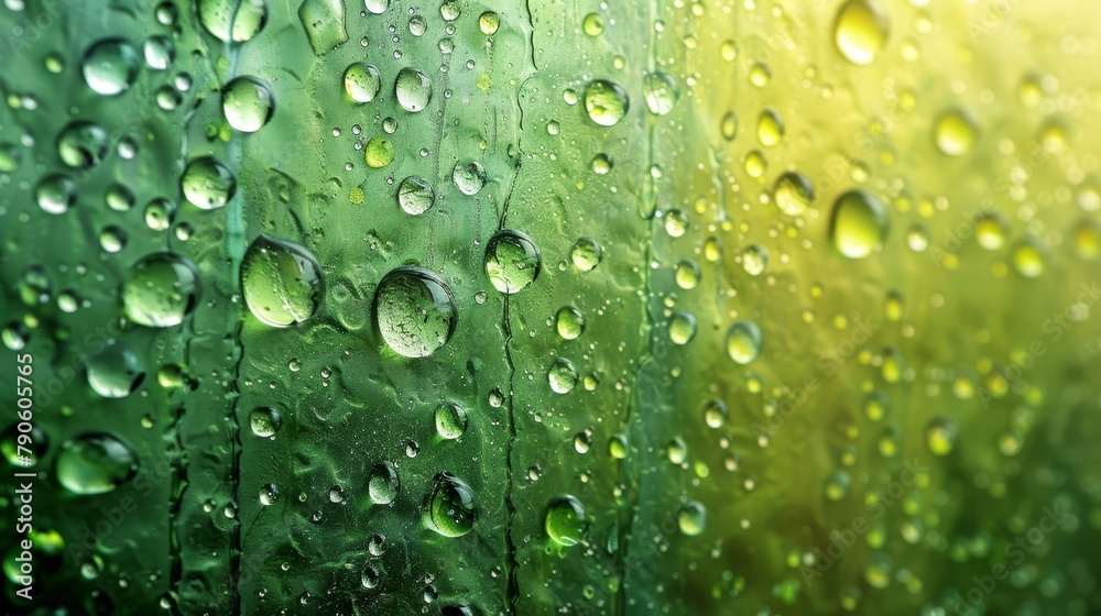   Close-up of water droplets on a green-yellow windowpane against a backdrop of green grass