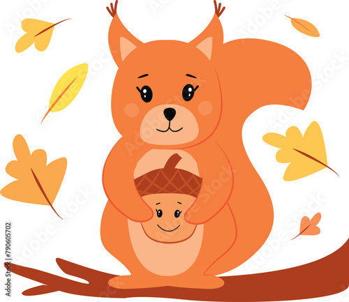 A cute red squirrel sits on an oak branch. Nuts for the winter. Acorn smiles. Big fluffy tail. Forest animals. Vector illustration for kids printable worksheets. Woodland collection. Simple flat image