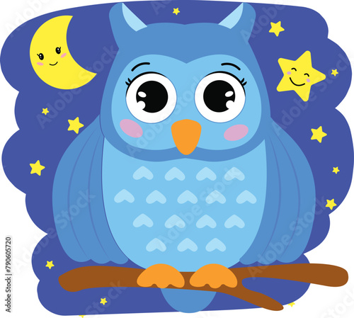 Cute blue owlet with big eyes  orange beak on the branch. Night sky small yellow stars moon. Vector illustration for kids printable worksheets. Charming owl sitting on twig. Woodland forest collection