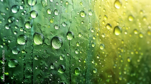  Close-up of water droplets on a green-yellow windowpane against a backdrop of green grass