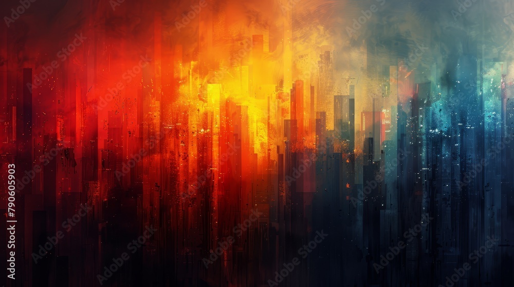   A cityscape depicted in abstract style through red, orange, yellow, and blue hues Buildings recede into the background