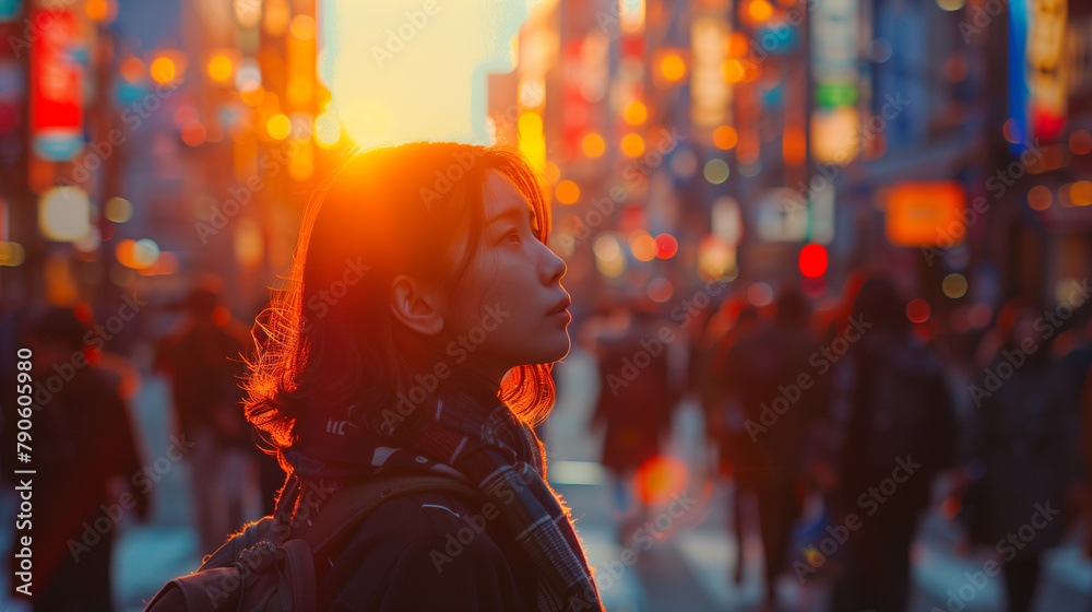 As dawn breaks over Tokyo, a young woman gracefully commutes to work, enveloped by the city's architectural marvels and lively thoroughfares, blending her individual style with the urban landscape.