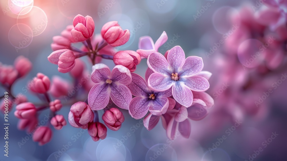   A tight shot of a pink blossom on a branch against a softly blurred background of diffused light
