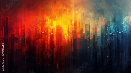  A cityscape depicted in abstract style through red, orange, yellow, and blue hues Buildings recede into the background