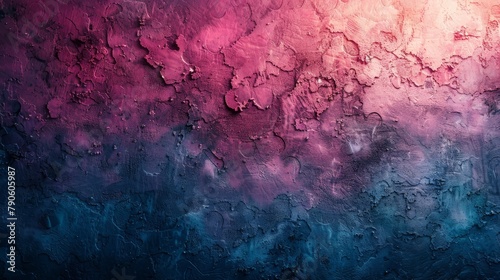   A detailed shot of a textured wall adorned with layers of paint; backdrop comprises red, blue, and pink hues photo