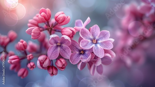  A tight shot of a pink blossom on a branch against a softly blurred background of diffused light