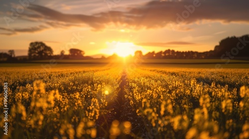 A Spectacular Golden Hour Sun Setting Over Fields of Rapeseed