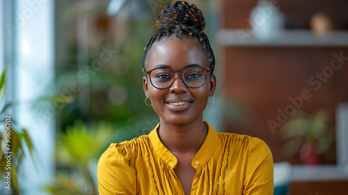 Cheerful African American young woman wearing glasses and a yellow blouse, with elegant braided hair, posing indoors with a pleasant smile.