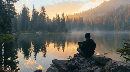A man sits serenely with a laptop on a rock by a tranquil mountain lake at sunrise, blending work with nature's peace.