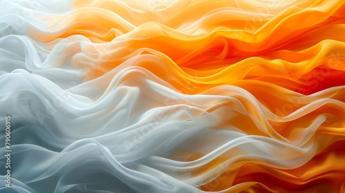  A tight shot of a white-capped wave, blending hues of orange and yellow against a backdrop of white and blue, with gentle reflections