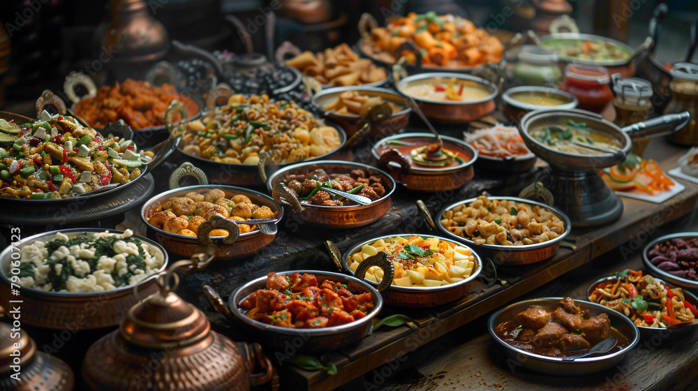 A portrait of various indian food buffet, collage, hyperrealistic food photography