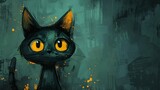Vibrant cartoon illustration of a curious black cat with glowing yellow accents