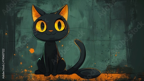 Vibrant cartoon illustration of a curious black cat with glowing yellow accents