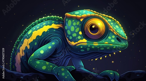 Colorful anthropomorphic chameleon character in vibrant night setting © Vilayat