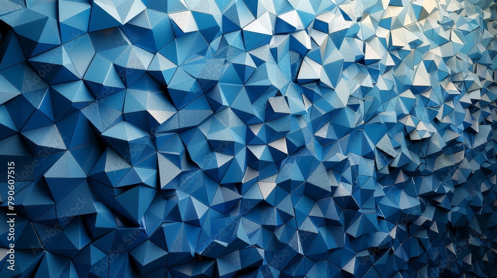   A tight shot of a mosaic wall, adorned with varying blue and white geometric forms - obrazy, fototapety, plakaty 