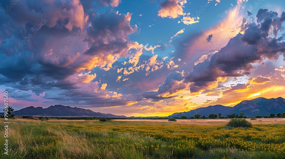 Beautiful colorful sunset sky with dramatic clouds over the field and mountains