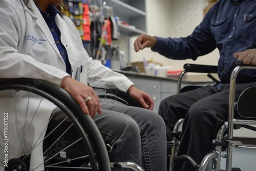 A healthcare professional demonstrating how to operate a medical wheelchair