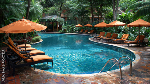 Hotel luxury outdoor swimming pool. Paradise. Tourism. Travel. Relaxation. Calmness. Vacation.
