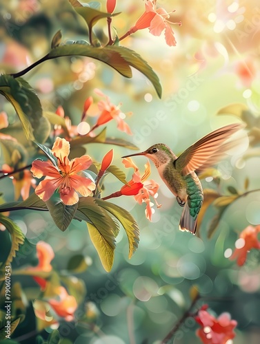 Hummingbird Hovering Amid Vibrant Floral Blossoms Embodying the Rhythm of Life © Wuttichai