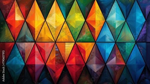   A vibrant abstract painting composed of diverse-sized triangles in assorted colors against a multi-hued backdrop