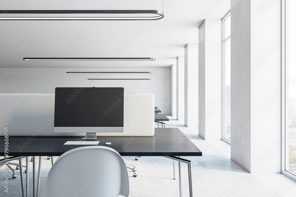 Fototapeta premium Bright and airy office interior with minimalist design and panoramic city views. 3D Rendering
