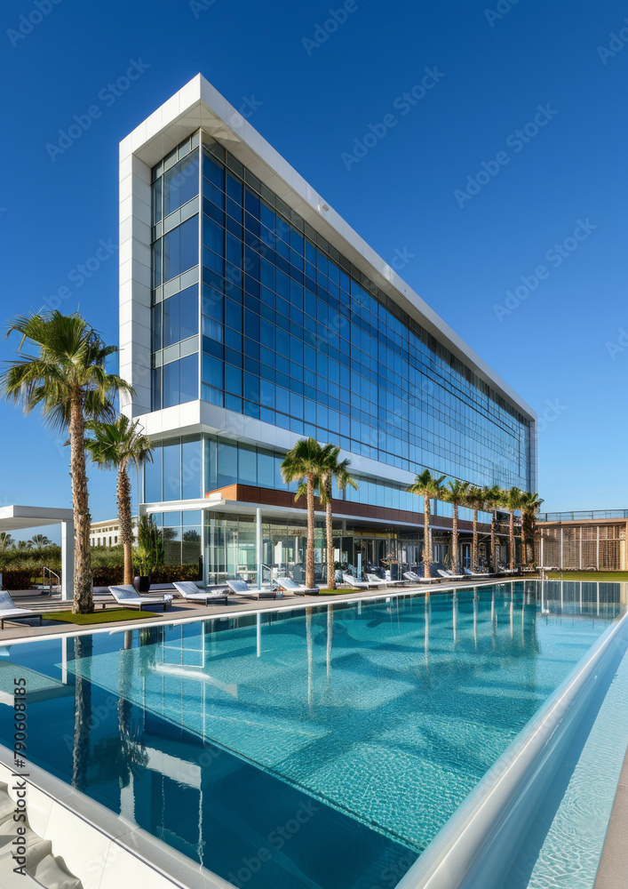 Hotel luxury outdoor swimming pool. Resort. Modern architecture. Paradise. Tourism. Travel. Relaxation. Calmness. Vacation.