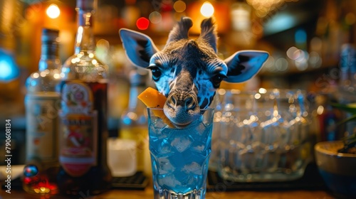  A giraffe's head pokes out of a tall glass, surrounded by ice, not a bottle of alcohol present