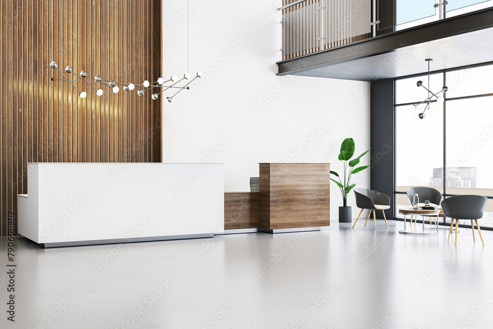Fototapeta premium Modern office lobby with a reception desk, stylish furniture, and wood-paneled walls, showcasing a spacious interior design concept. 3D Rendering