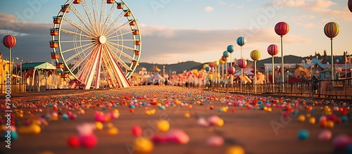 Amusement park with Ferris wheel and colorful balloons at sunset, Carnival Boardwalk photo