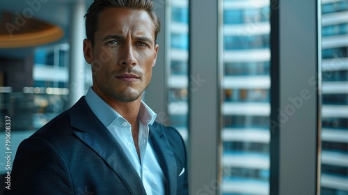 Good-looking businessman unbuttoned in luxury tower. Generative AI. photo