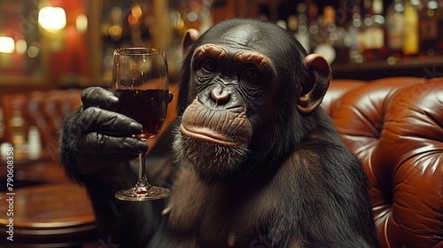  A chimpanzee, perched on a brown leather chair, cradles a glass of wine before him at the bar