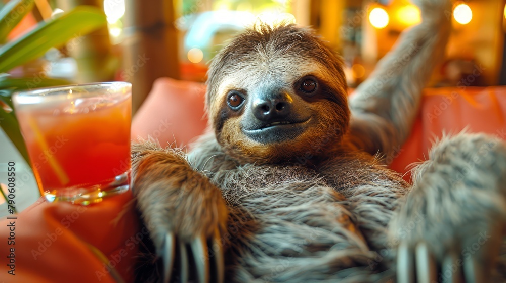 Fototapeta premium A tight shot of a sloth seated on a chair, holding a glass of orange juice