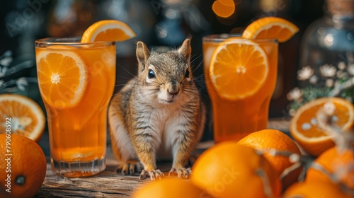  A small squirrel before a glass of orange juice, surrounded by orange slices, and a backdrop of additional oranges