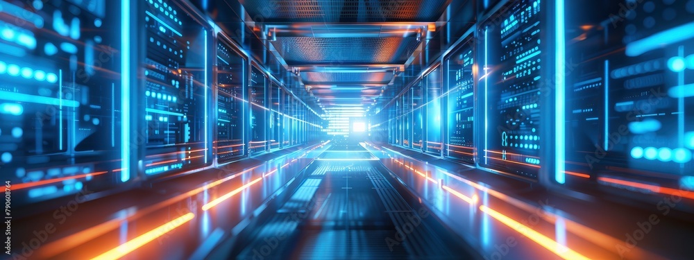 digital technology data center server room with glowing blue light