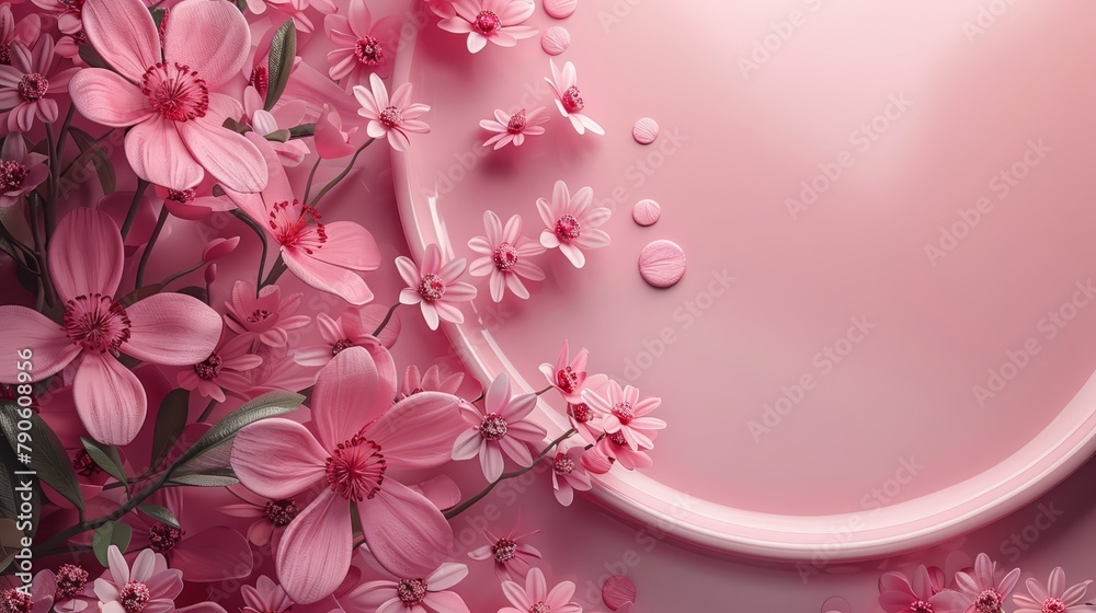   Close-up of pink flowers against pink backdrop White circle in image's center Lower half filled with pink petals